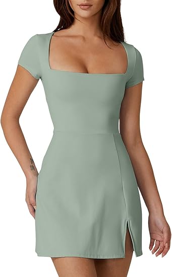 QINSEN Womens Square Neck Tennis Dress Built in Shorts
