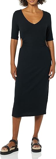 Amazon Essentials Women's Fine Rib V Neck Side Cut-Out Midi Dress